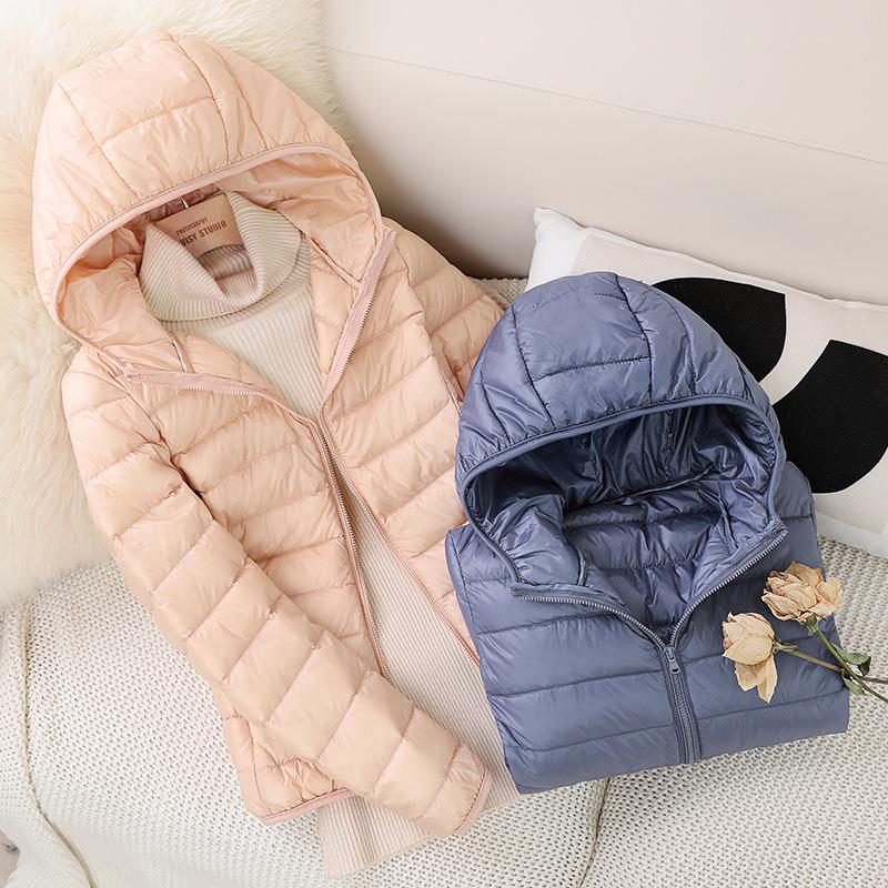 2023 Women's Lightweight Hooded Down Jacket - Slim Fit, Plus Sizes, Autumn/Winter, White Duck Down.