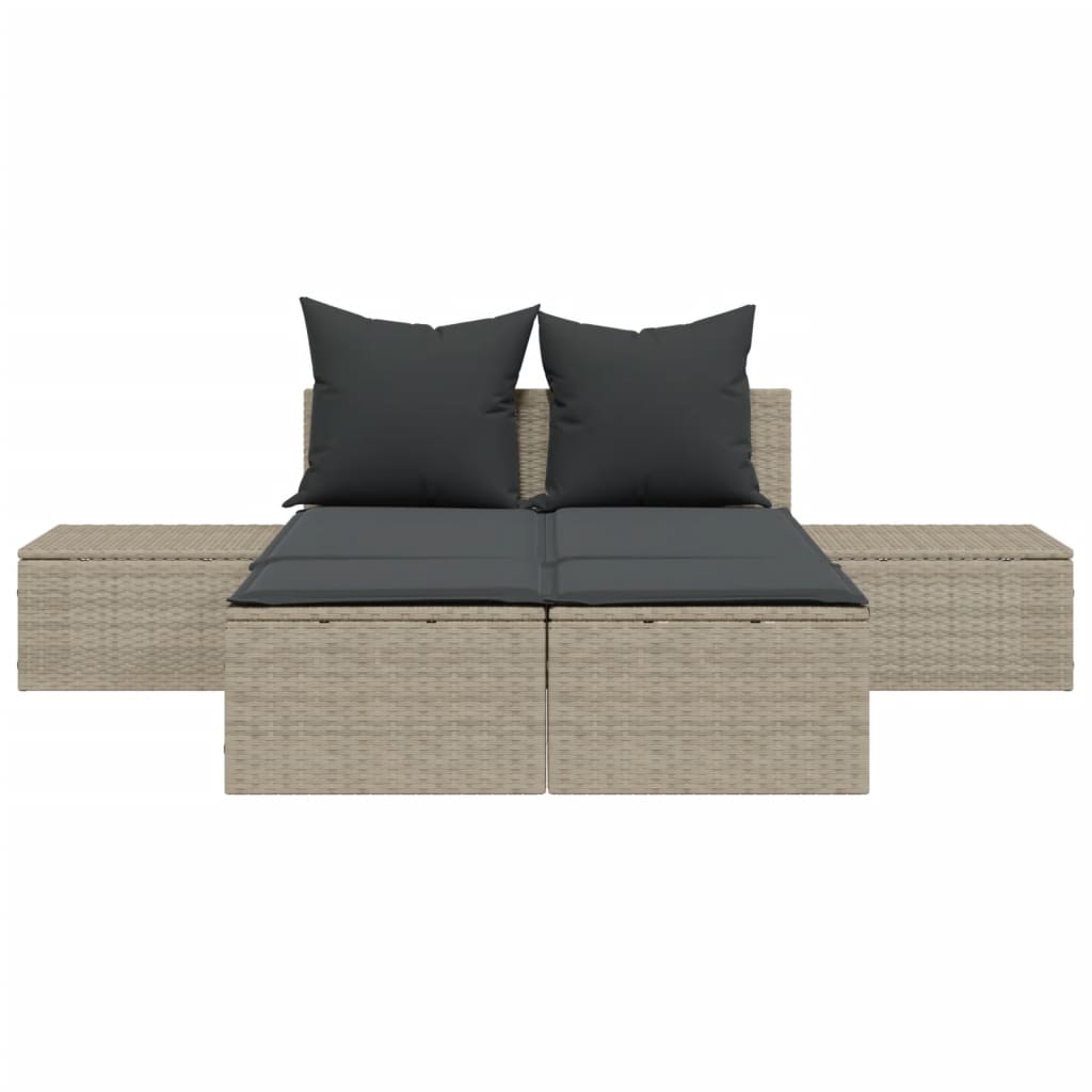 Double Sun Lounger with Cushions Light Grey Poly Rattan
