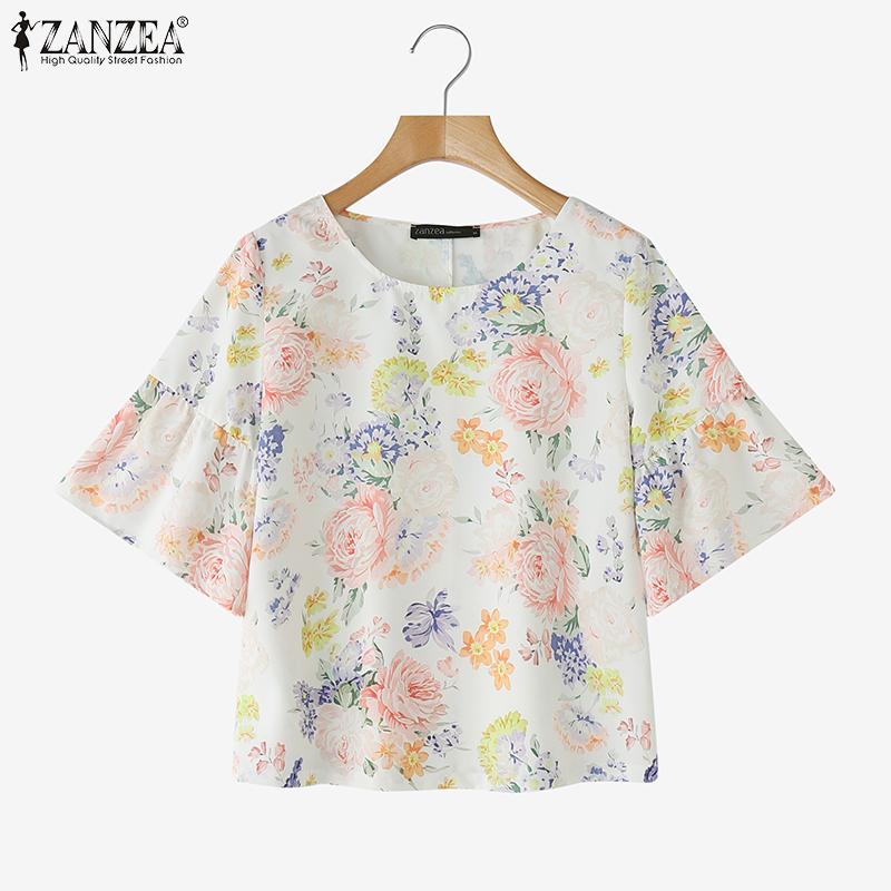 ZANZEA Women Casual Round Neck 3/4 Sleeve Loose Floral Blouse