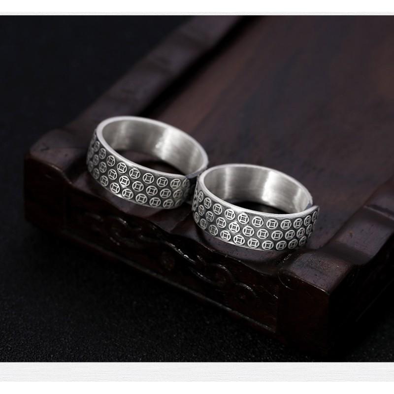 Adjustable Vintage Chinese Lucky Charm Couple Ring Set Sterling Open Band With Fu Xi Symbols