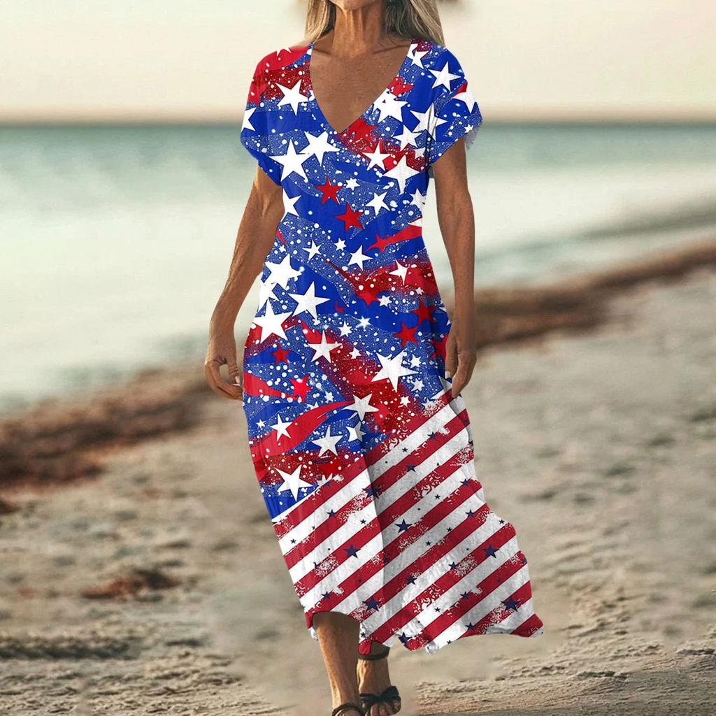 Sommerkleid Damen Lang Strandkleid Elegantes Kleid V-Ausschnitt Kurzarm Sommerkleid Leicht Luftig