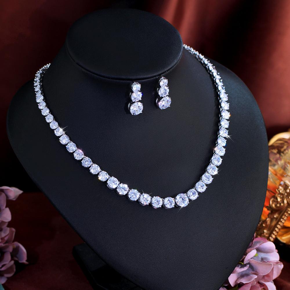 Diamond Full Zircon Bridal Necklace Earrings Set Wedding Dress Dress Dress Dinner Accessories Jewelry