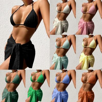 Sexy einfarbiger Bikini dreiteiliges Set rückenfrei atmungsaktiv Trennung Bademode gestreift eng anliegend Damen Badeanzug