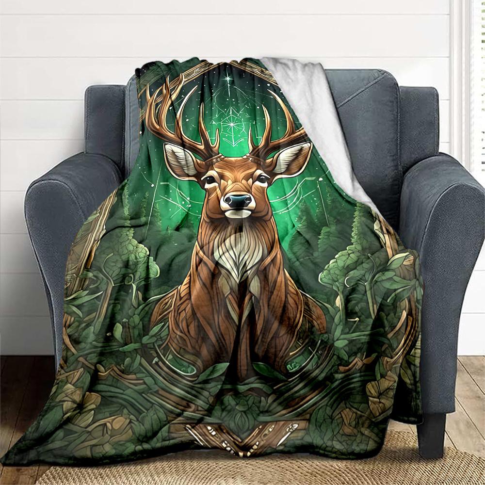 1pc Mystical Deer Print Flannel Blanket [Cozy Throw Blanket] For Sofa, Bed, Travel, Camping, Livingroom, Office, Couch, Chair, And Bed