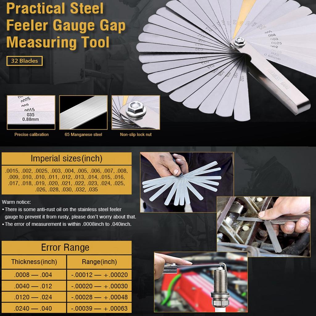 32-Piece Guitar String Action Gauge Height Measurement Tool Stainless Steel Feeler Gauge Blade Feeler Gauge