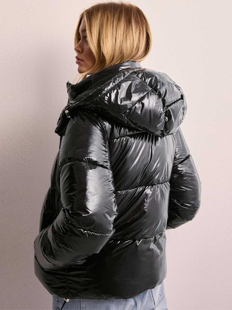 Women's Stand Up Collar Hooded Long Sleeved Zipper Glossy Thick Jacket for Winter