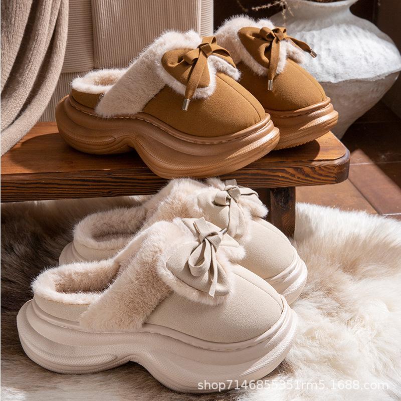 Small waist bow cotton slippers winter 2025 new thick bottom heightening outer wear velvet warm slippers