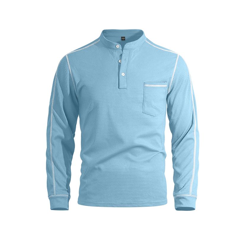 New Men's Waffle Long-sleeved Shirt with Patch-style Buttons, Henry Collar, Pocket-style Casual Outdoor Sports Men's Polo Shirt