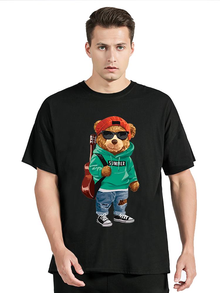 A Cool Bear With A Guitar And Sunglasses Funny Tshirt Unisex Fashion Short Sleeve Casual Clothes Oversized Tshirt Hip Hop Tees