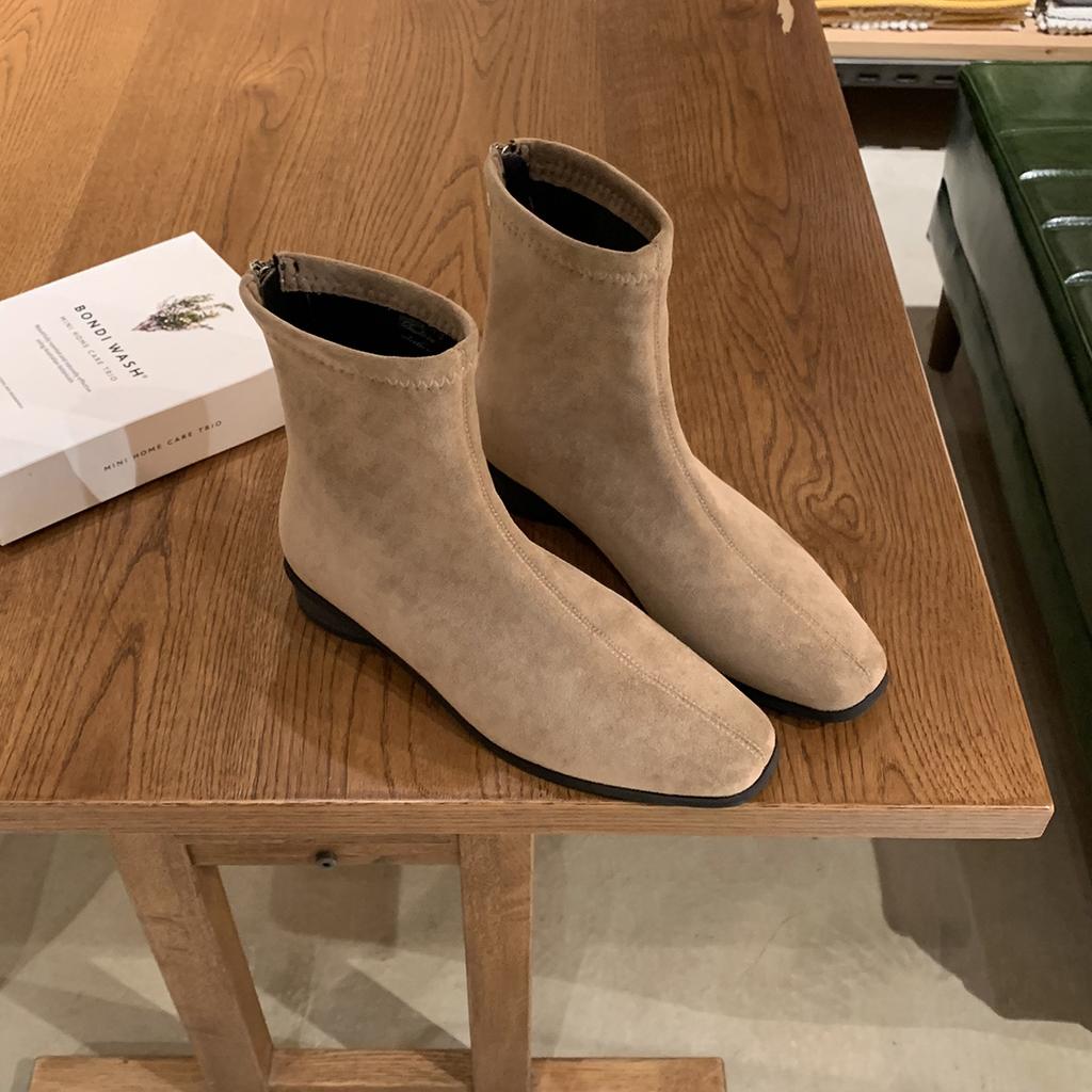 Grape mother studiolee Korean retro square head suede versatile thick heel heightening thin short boots women's autumn and winter