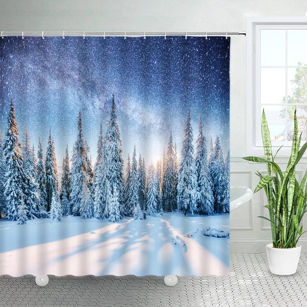 Winter Skiing Shower Curtain Set Modern Ski Station Snow Mountain Pine Tree Forest Bath Curtains Blue Christmas Bathroom Decor