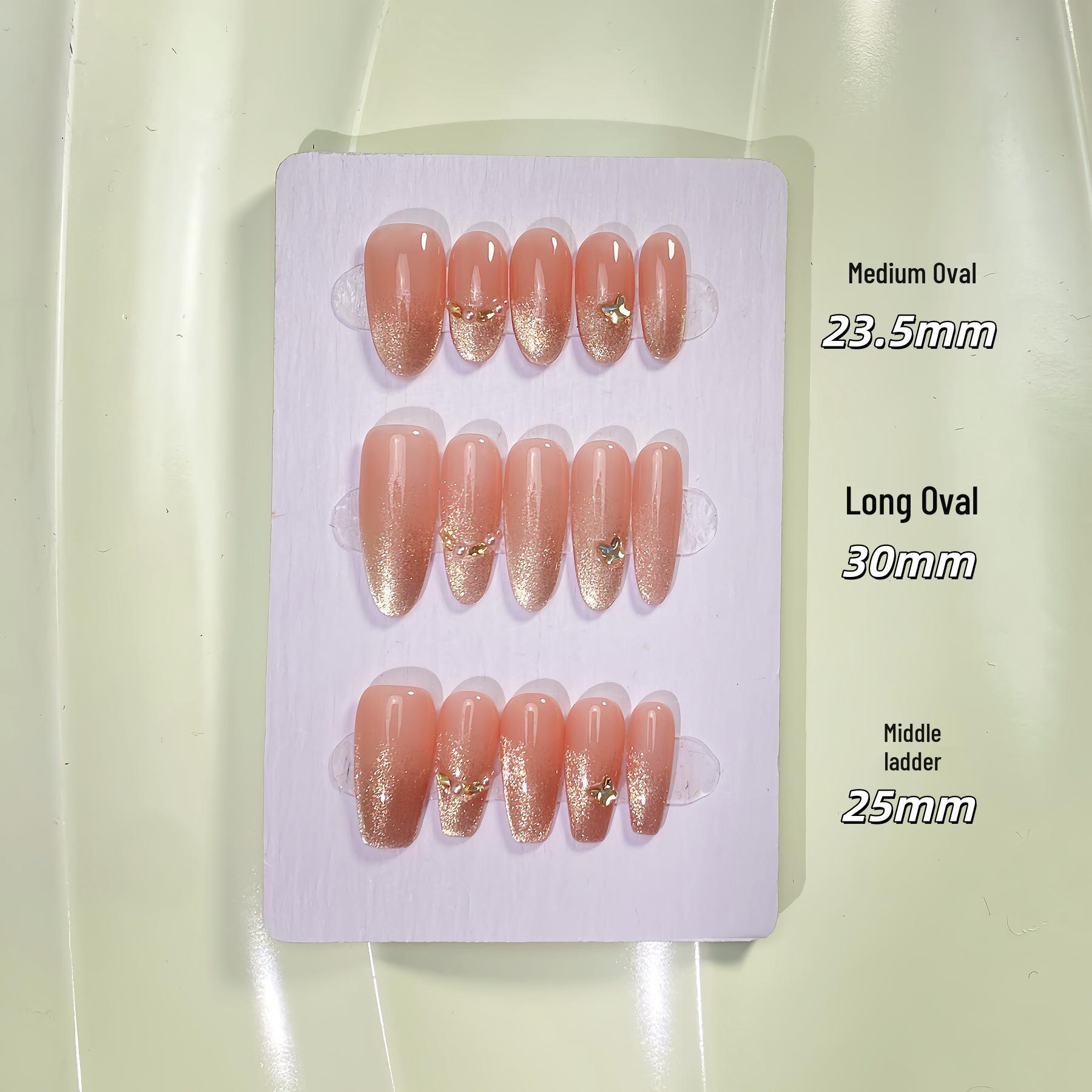 High-Grade Nude Pink Gold Shimmer Gradient Cat Eye Press-On Nails with Pearl Fairy Art l
