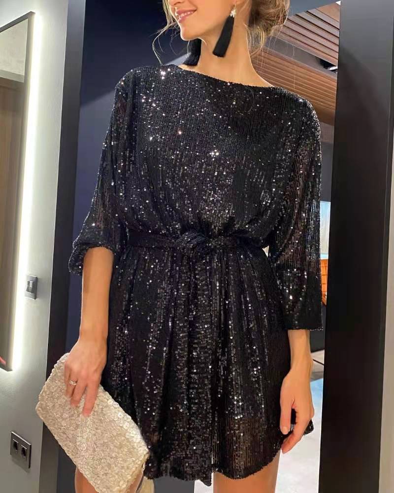 European And American New Holiday Party Fashion Sequins Beads Solid Color Waist Dress Small Dress Dress
