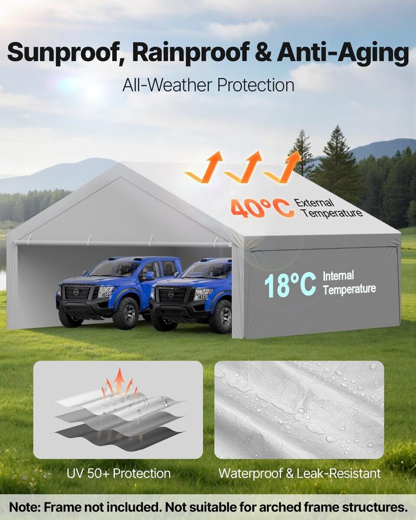 Carport Replacement Canopy, 6 x 6 m Potable Garage Tent Top Tarp with Sidewalls, UV-Resistant & Waterproof, Heavy Duty Car Shelter Tarp with Ball