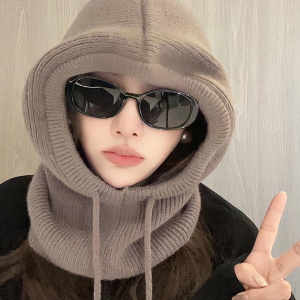 

Шапки-балаклавы Женские вязаные шапки с капюшоном Зимние в корейском стиле Уличные утеплители Шапки на шнурке Цельный воротник для шеи Шапки-бини хаки