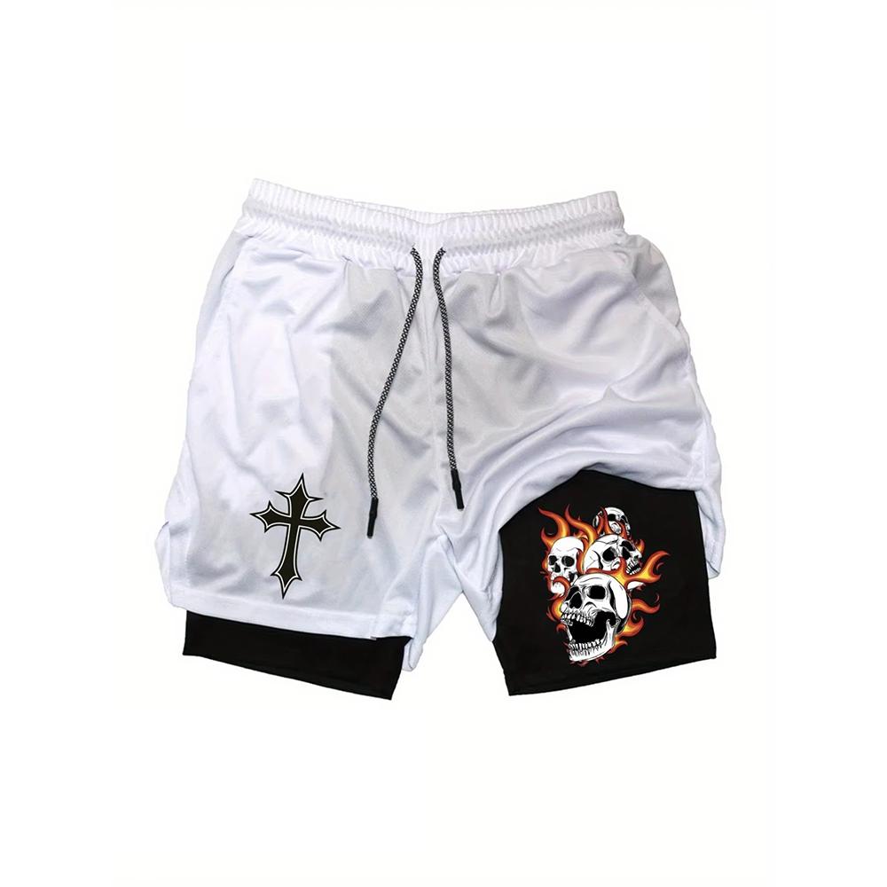 Men's Fitness Two-in-one Shorts Double-layer Beach Pants Trendy Printed Sports Shorts Outdoor Training Running 10105