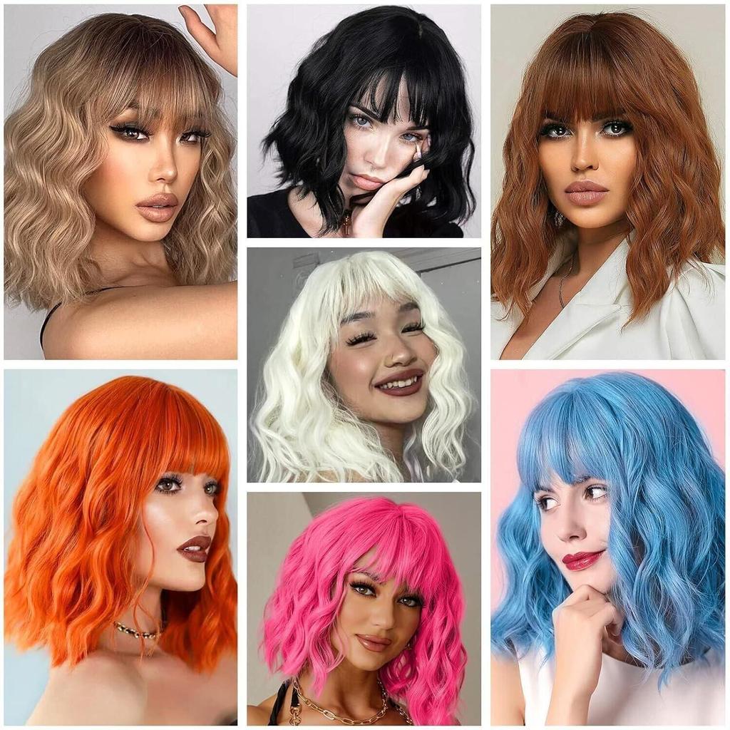Short Pink Wigs for Women Short Wavy Light Pink Wigs with Bangs