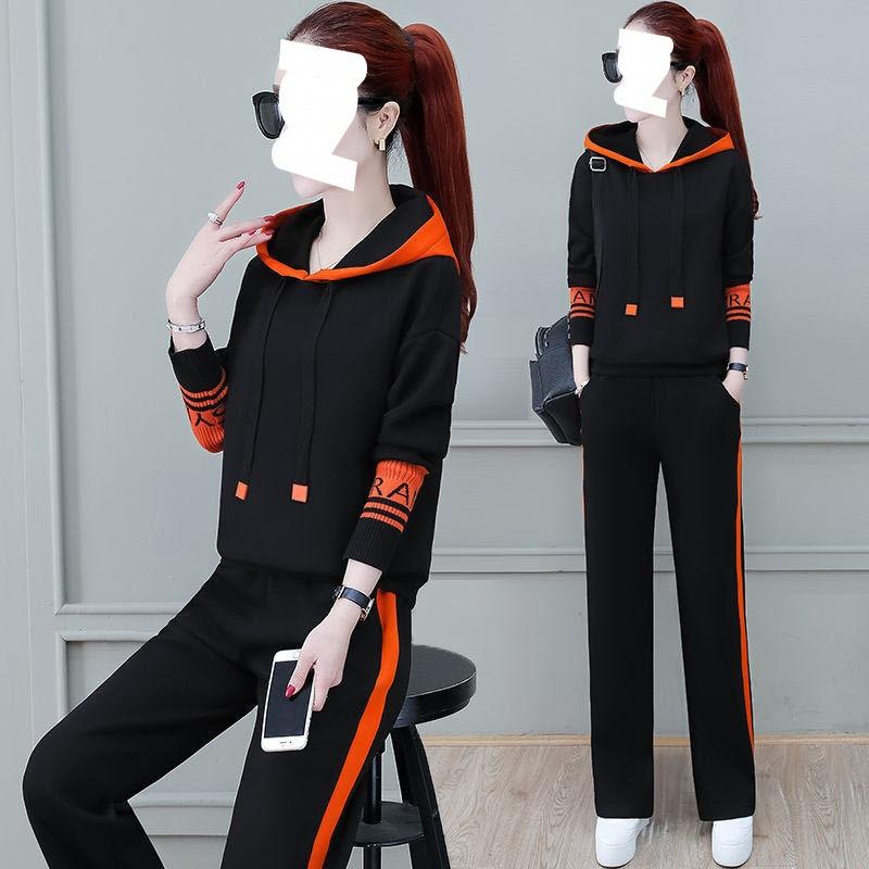 Autumn Korean Style Sports Suit Hooded Sweatshirt for Women, Loose Slimming, Western Style Casual Wear Two-piece Set