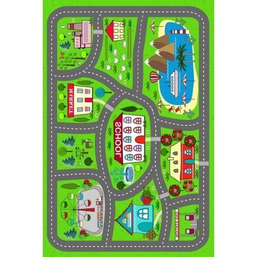 Tapis de jeu Circuit de Voiture - Mani Textile - Village - Lavable et Antidérapant - 80x150 cm