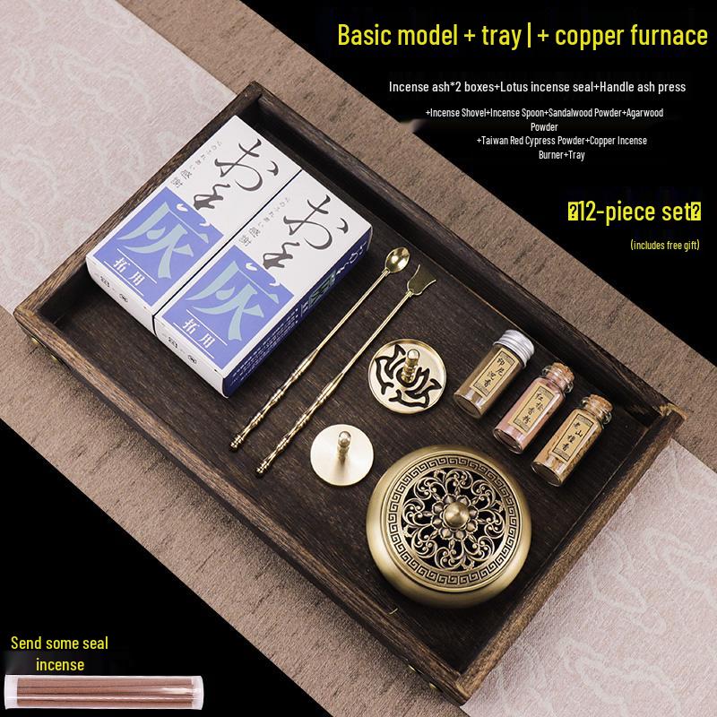 Kodo Set: Brass Ash Press Incense Burner & Pure Incense Powder with Dazuan Seal Mold for Home Use