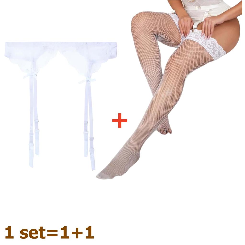 2Pcs Women'S Adjustable Non-Slip Stockings High Waist Garter Belt Plus Size Sock Set Lace Mesh Suspender One-Piece Pantyhose Xxl