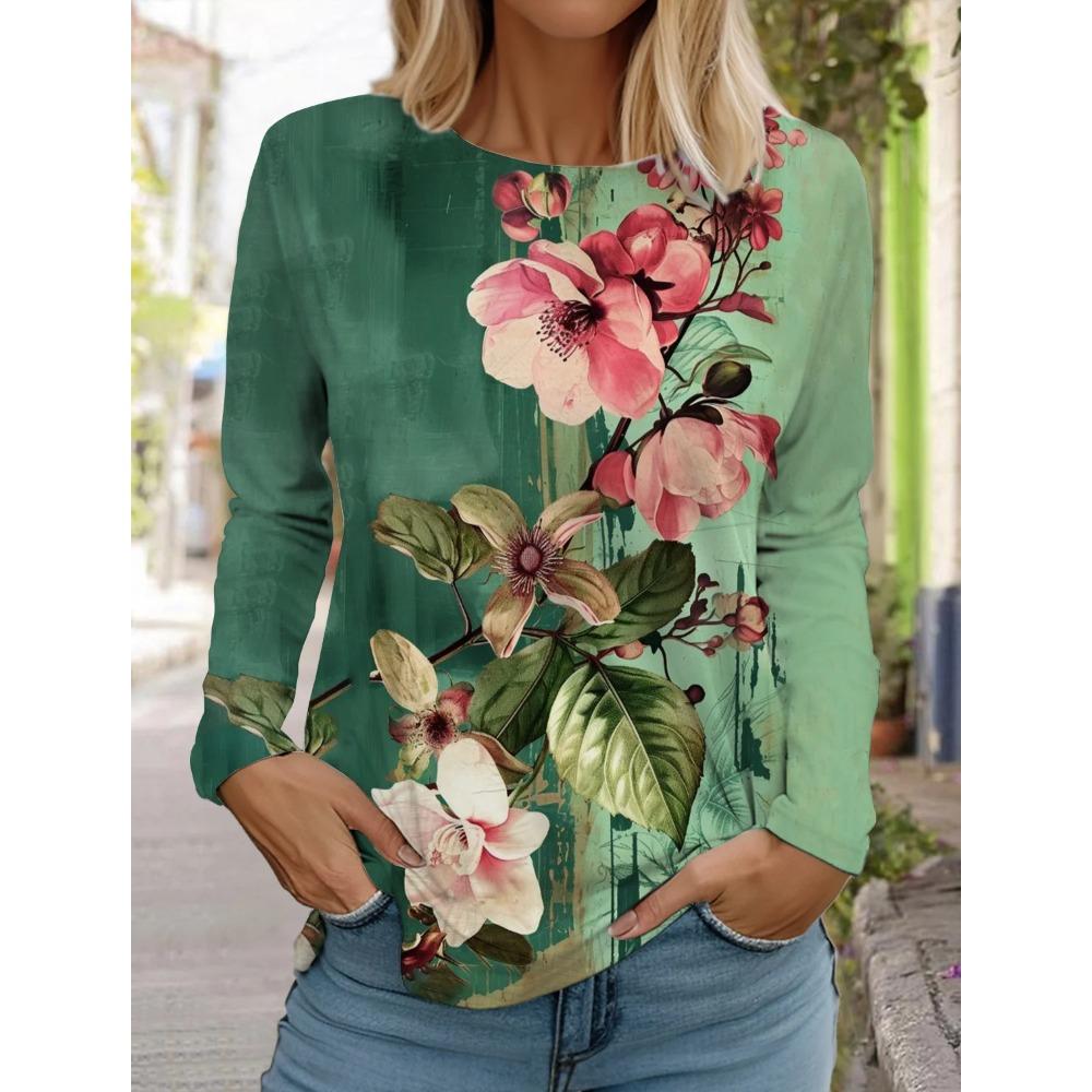 Women's 3d Printed Flower T-shirt Fashion Long-sleeved Round Neck Regular Tops Holiday Weekend Spring Autumn T-Shirt