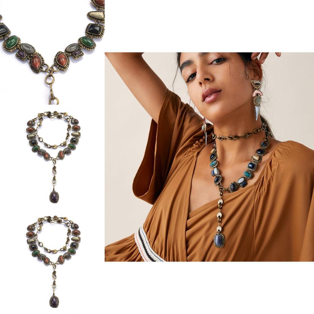 Bohemian Style Long Metal Necklace With Gem Accents For Women Summer Wear