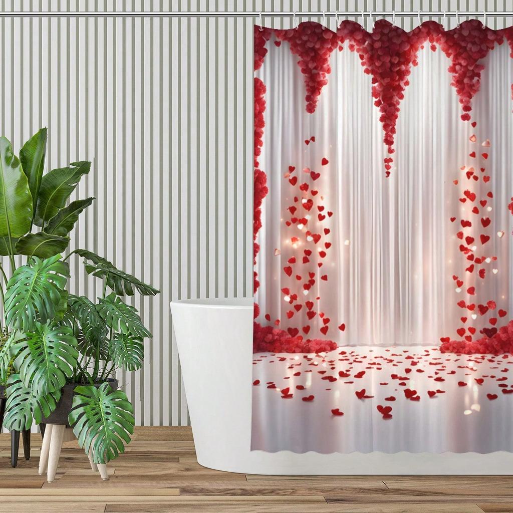 1Pc Valentine'S Day Rose-Falling-Heart Shower Curtain, Lightweight And Mold-Resistant, Suitable For Bathroom/Vanity