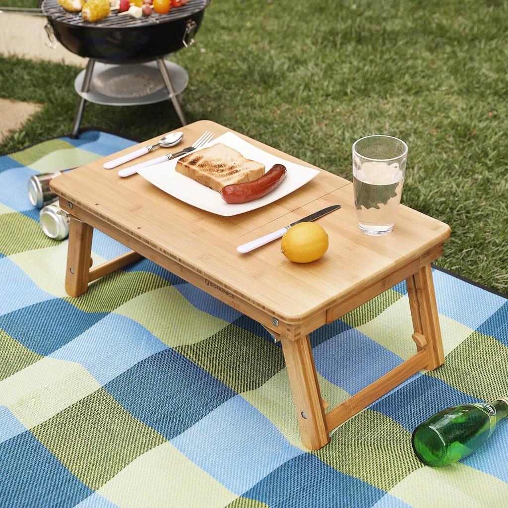 SONGMICS Bamboo Lap Desk, Laptop Table, Breakfast Tray with 5 Adjustable Tilting Angles, Small Drawer, Natural
