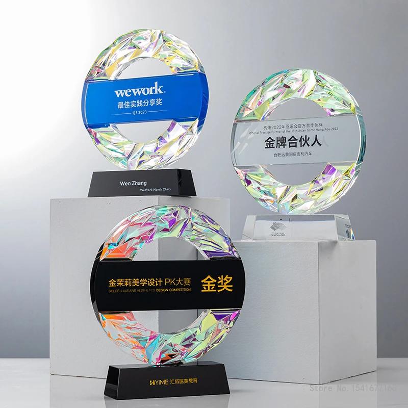 Customized Circular Crystal Trophy Company Annual Meeting Excellent Employee Souvenirs Home Decoration Craft Lettering Medal 1Pc