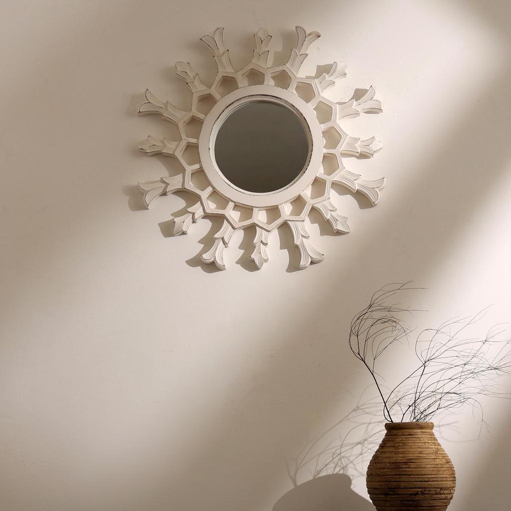 Hand-Carved Metallic Wooden Sunburst Wall Mirror - Decorative Statement Mirror for Living Room - Golden