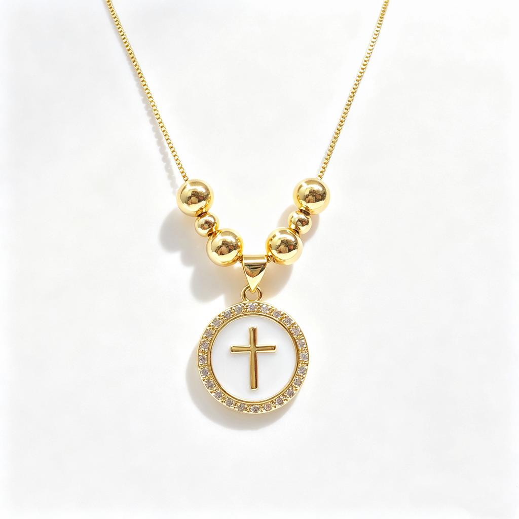 White Black Red Enamel Art Cross Zirconia Pendant Necklace: New Fashion for Women Party Pearl Chain Choker Religious Prayer Gift