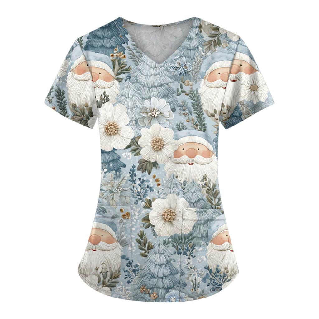Women's Christmas Printing Short Sleeve V-neck Tops Working Pocket Blouse