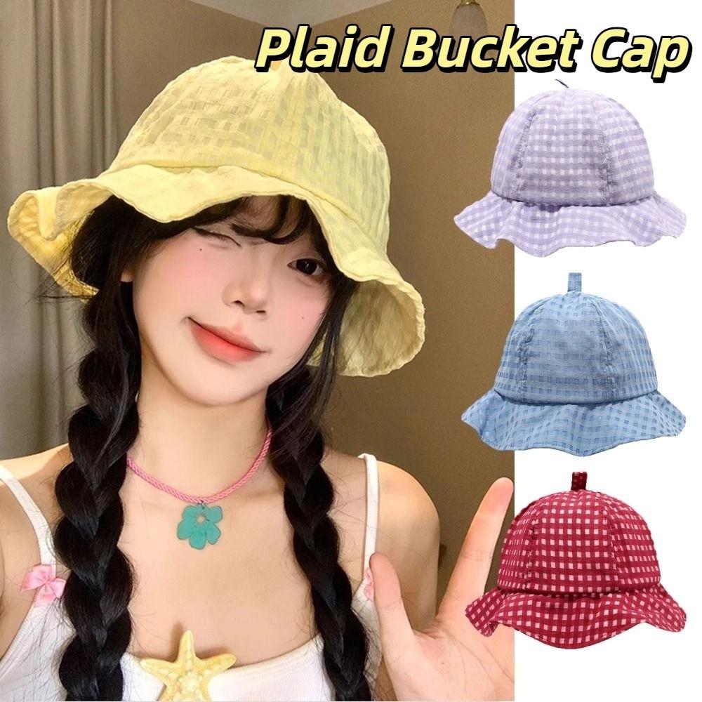 Japanese Plaid Bucket Cap Summer Women's Sun Hat Fashion Fisherman Caps  Outdoor