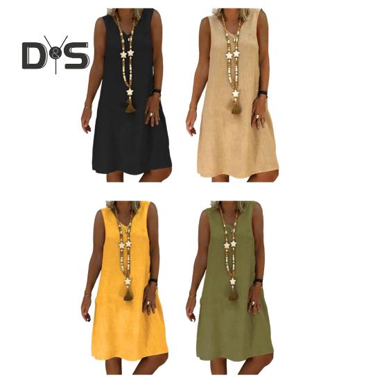 Vestido de verano para mujer, sin mangas, cuello en V, corte A, color liso, largo hasta la rodilla, vestido midi tipo jersey, vestido playero para vacaciones.