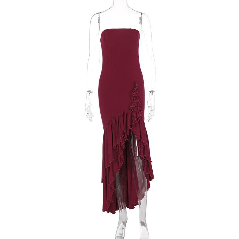 Women's Long Dress Spring and Summer Fashion Elegant Sexy Tube Top Ruffle Edge Sleeveless Knitted Dress