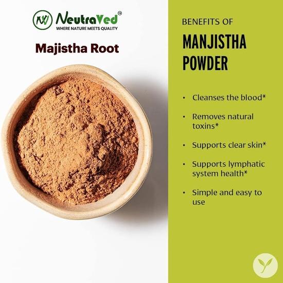 NeutraVed Manjistha Root - 100g, Organic Indian Madder, for Eating Also Face , Skin - Ayurvedic Herbs for Men and Women- 100g