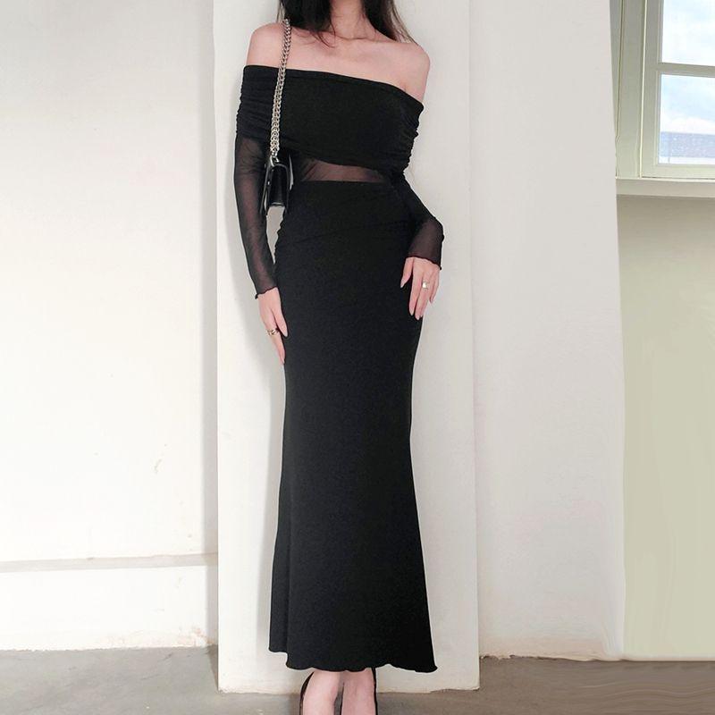 Goddess Temperament Sexy off-the-Shoulder Skinny Sheath Fishtail Dress Sexy Mesh Midriff Outfit Long Sleeves Dress Female Autumn