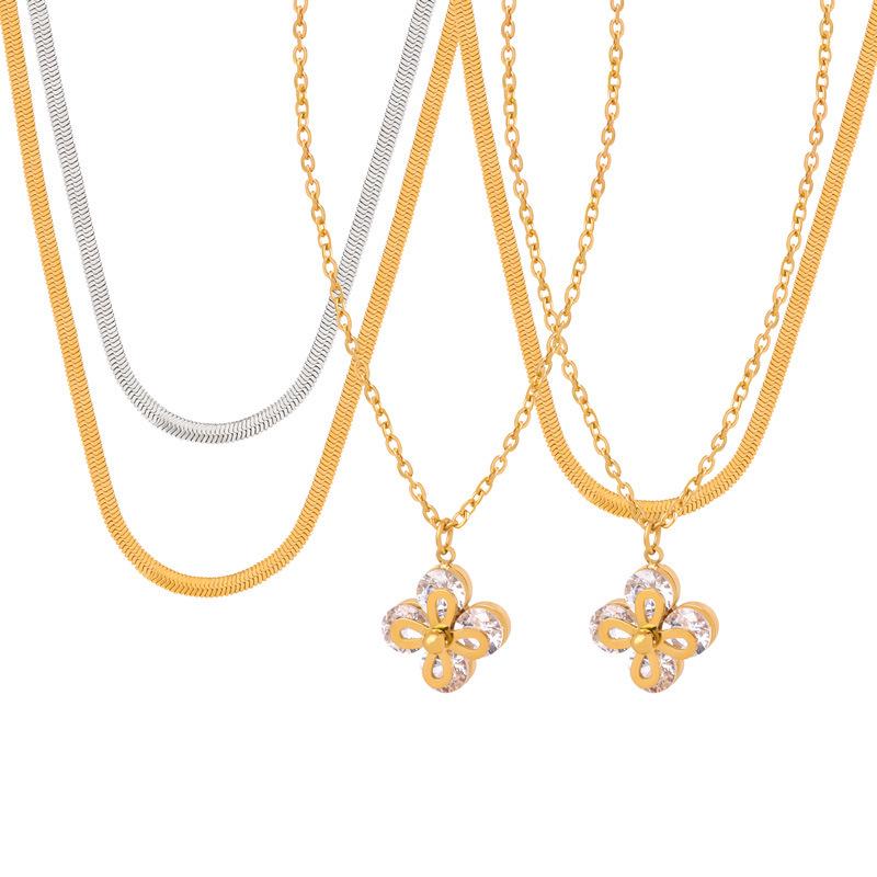 Gold-Plated Titanium Steel Necklace with Rhinestone-Inlaid Floral Pendant