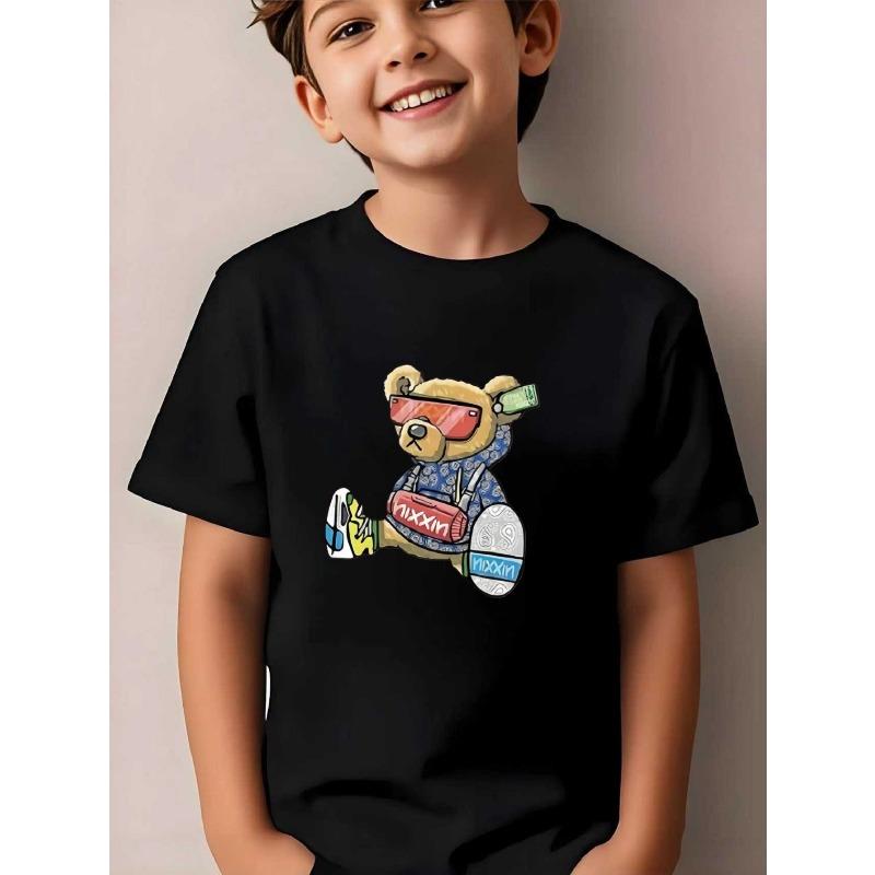 Европейские размеры Модные рубашки с коротким рукавом для стильных мальчиков: Футболка с принтом «Милый маленький медвежонок» сочетает уличный стиль 164cm чёрный