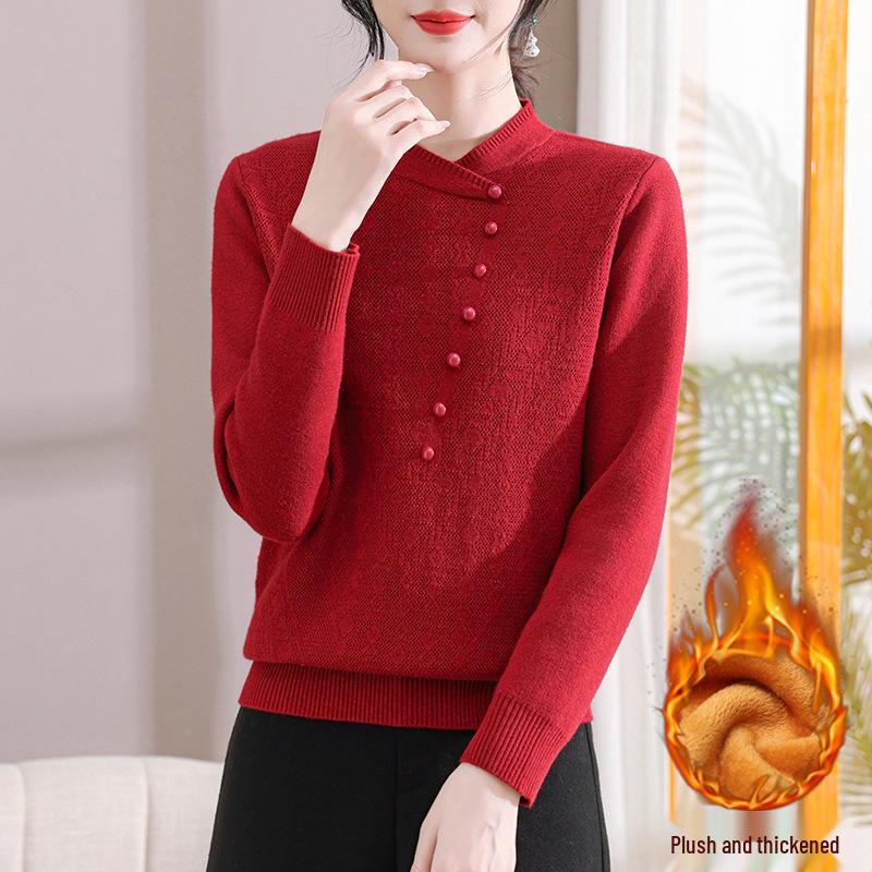 2024 Velvet-Enhanced Knit Sweater: Warm, Fashionable Round-Neck Chinese Style for Autumn/Winter