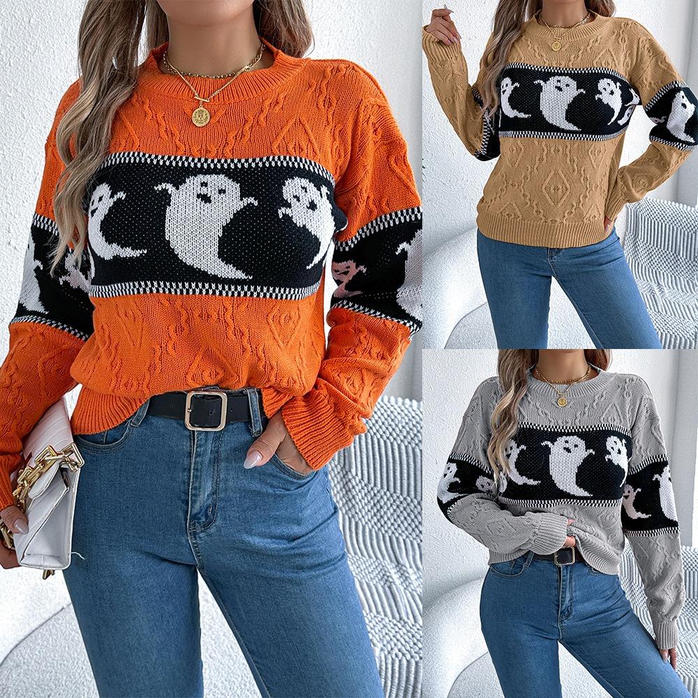 Autumn/Winter Women's Hoodie Halloween-themed Ghost Contrast-colour Long-sleeved Pullover Women's Knitted Sweater Top