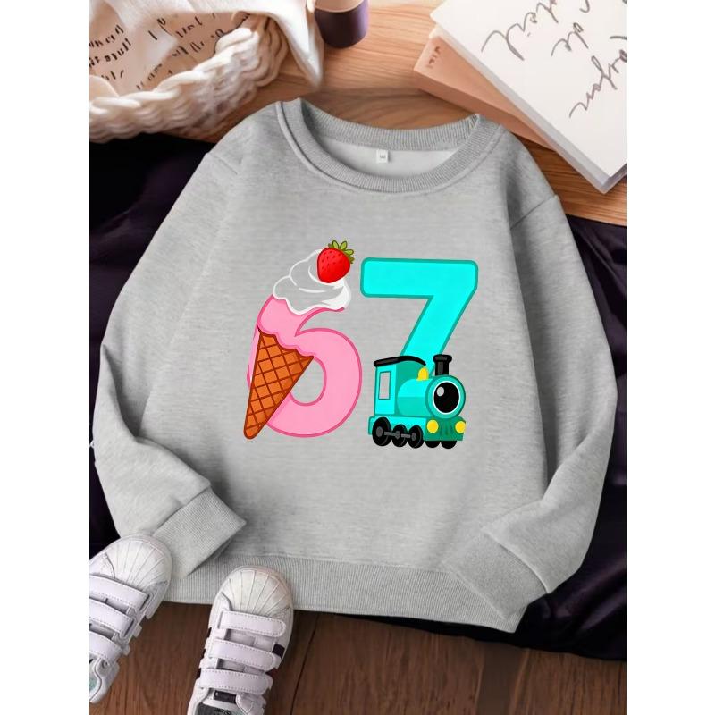 Unisex Kids Crewneck Sweatshirt For Over 4 Years Old Boys Girls Strawberry Ice Cream Number 6 Cute Train Number 7 Pullover Top For 4-12 Children