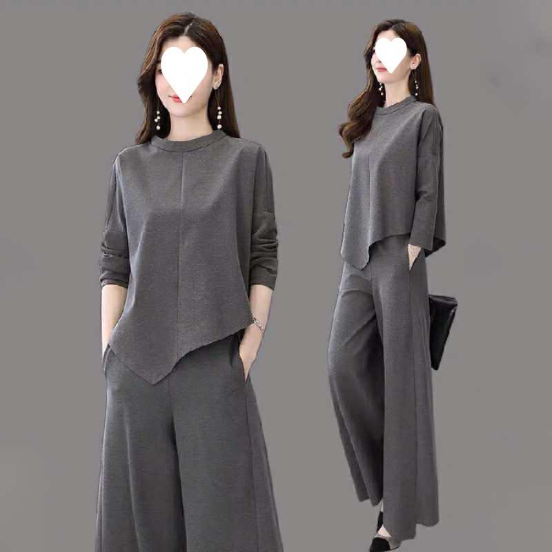 Женский костюм с брюками (однотонный/широкие брюки), стройнящий, современный стиль, повседневный темперамент, комплект из двух предметов (кюлоты) M