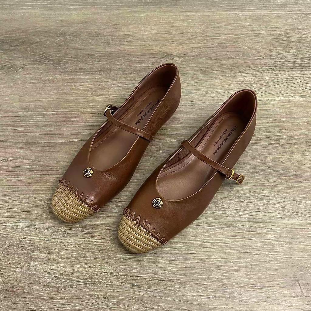 Sheepskin version retro round head Mary Jane shoes woven word with temperament camellia flat sole shoes