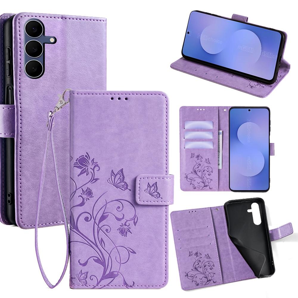 For Samsung Galaxy S25 FE Case Butterfly Flower Imprinted PU Leather Wallet Phone Cover