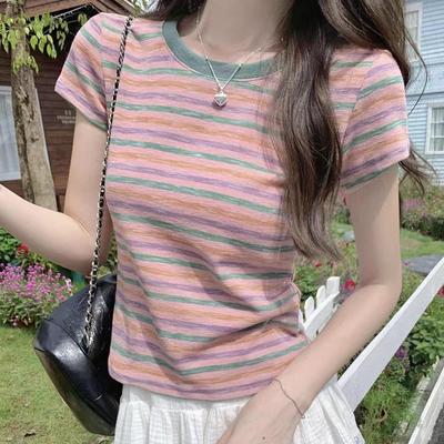 Women's 2024 Summer Color-Blocked Striped Short-Sleeve Round Neck T-Shirt