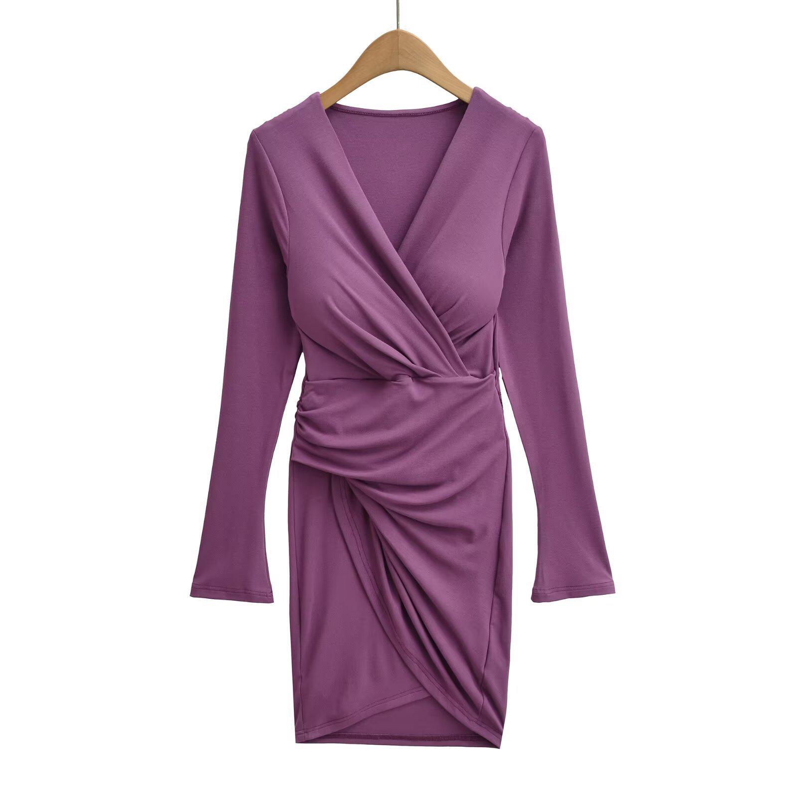 

Women s Sexy Deep V-neck Bodycon Dress with Long Sleeves and Twisted Crossover Style L