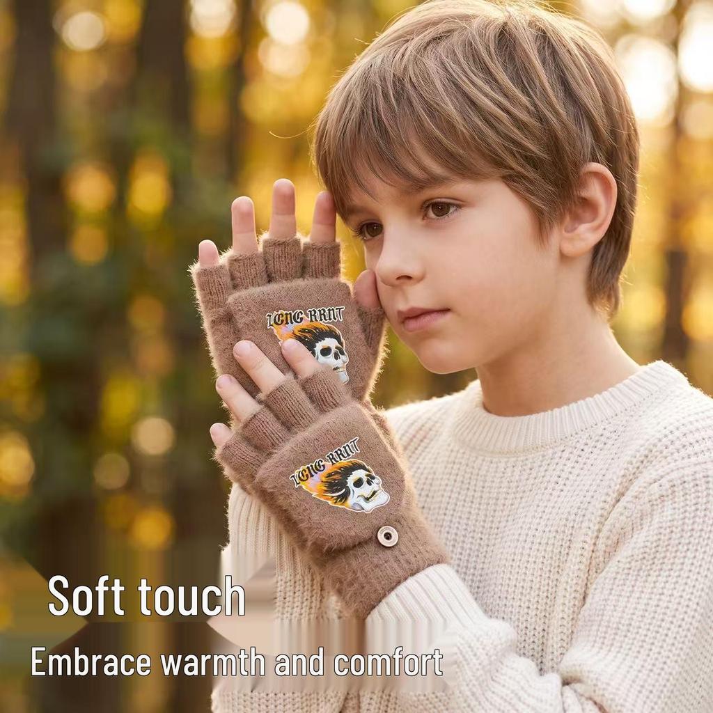 Plush Flip-Top Faux Mink Velvet Half-Finger Gloves - Thick Warm Knit for Autumn/Winter Writing