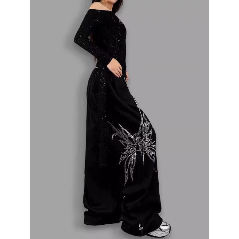 Womens High-Waisted Wide-Leg Cropped Pants With Rhinestone Belt Streetwear Jazz Dance 2026